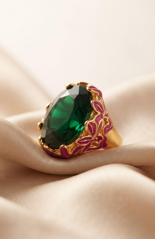 Gorgeous 1980s green rhinestone and red enamel jumbo cocktail ring.
