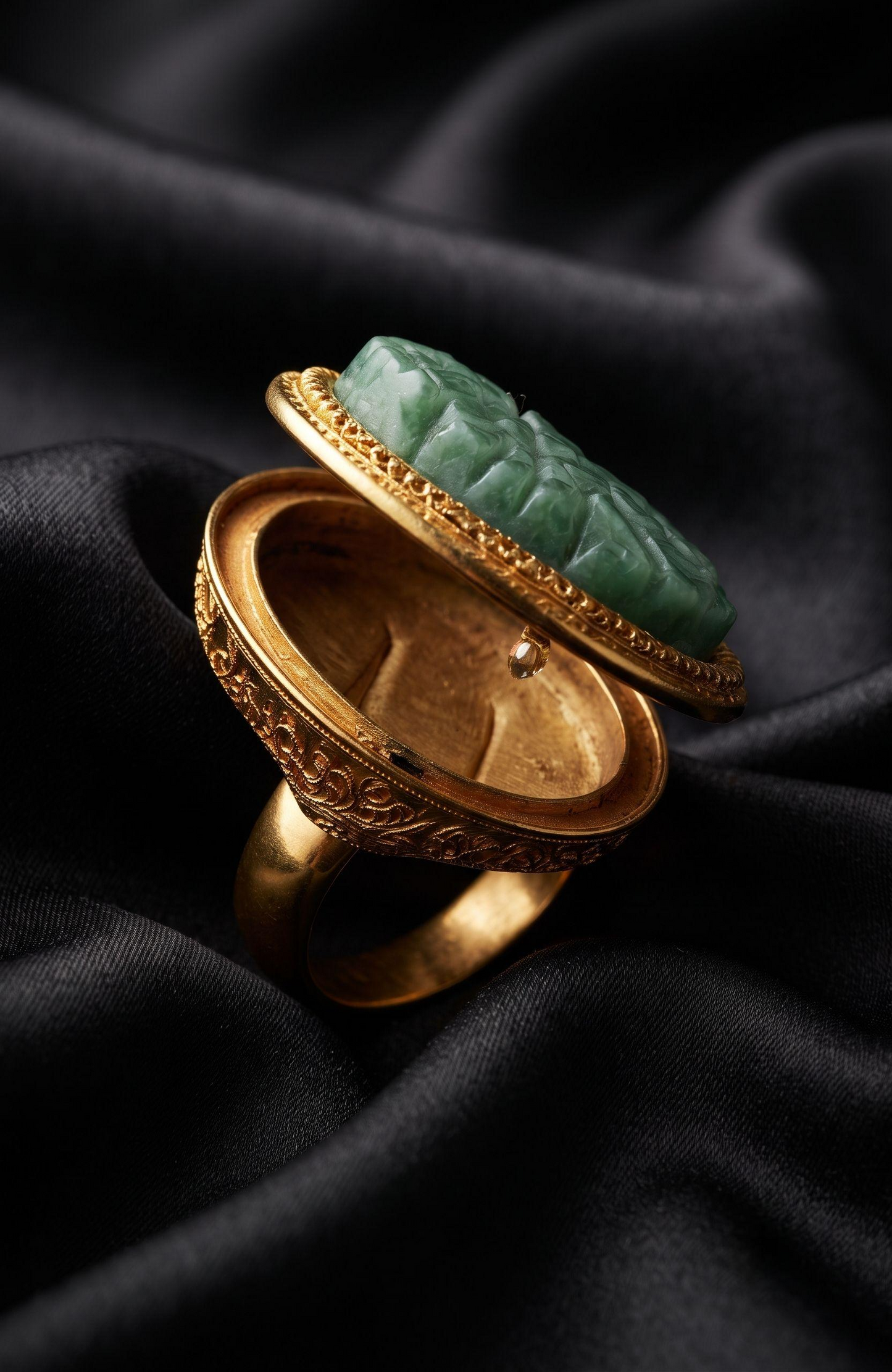 1970s "poison" ring by Avon with faux jade cabochon stone