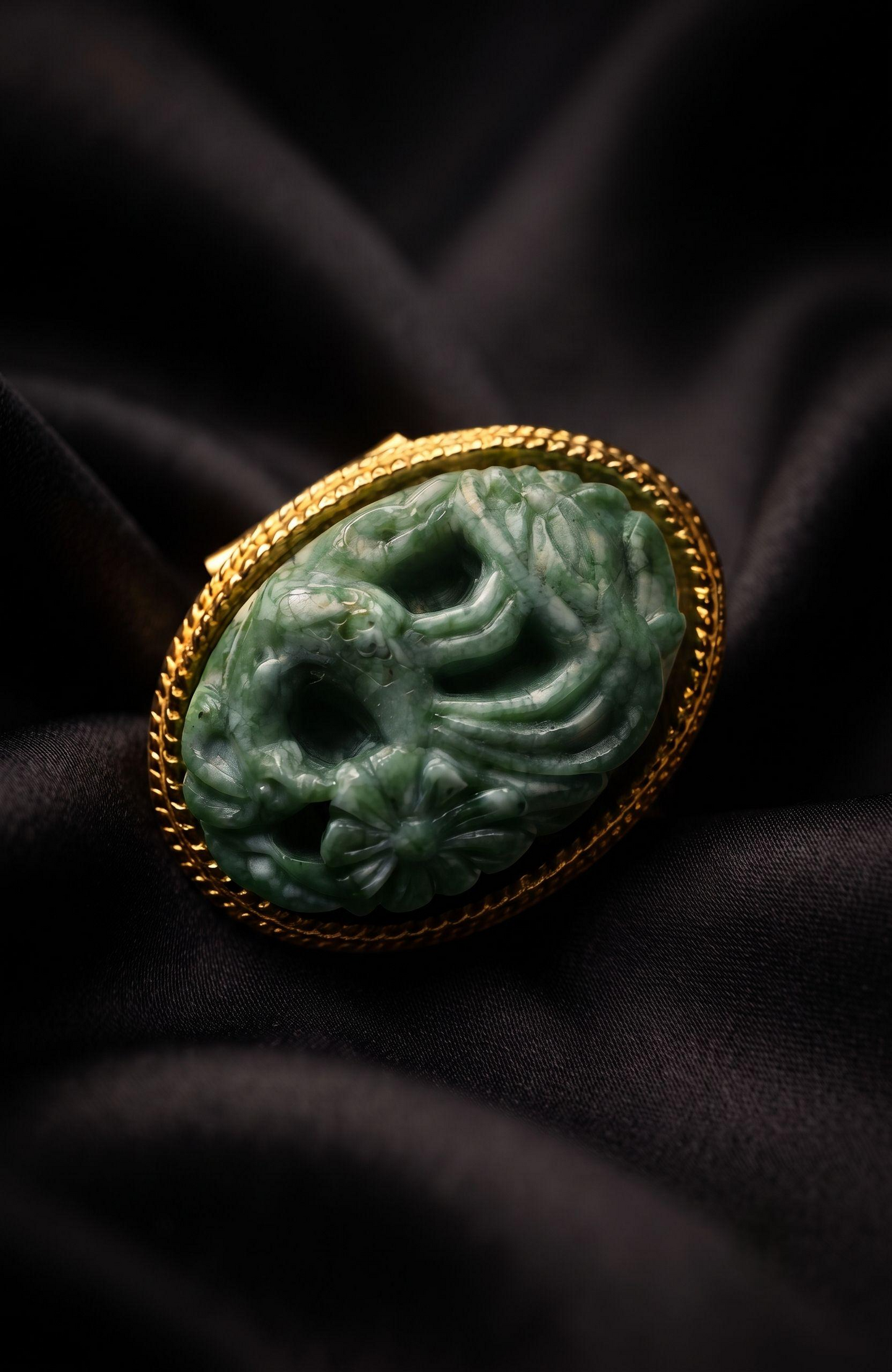 1970s "poison" ring by Avon with faux jade cabochon stone