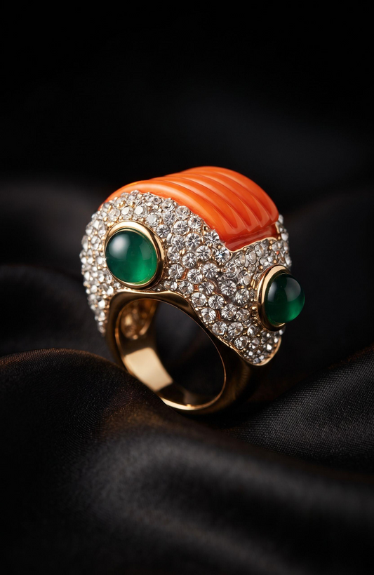 1980s vintage Kenneth J Lane jumbo cocktail ring with coral colored stone and green cabochon stones surrounded by clear rhinestones