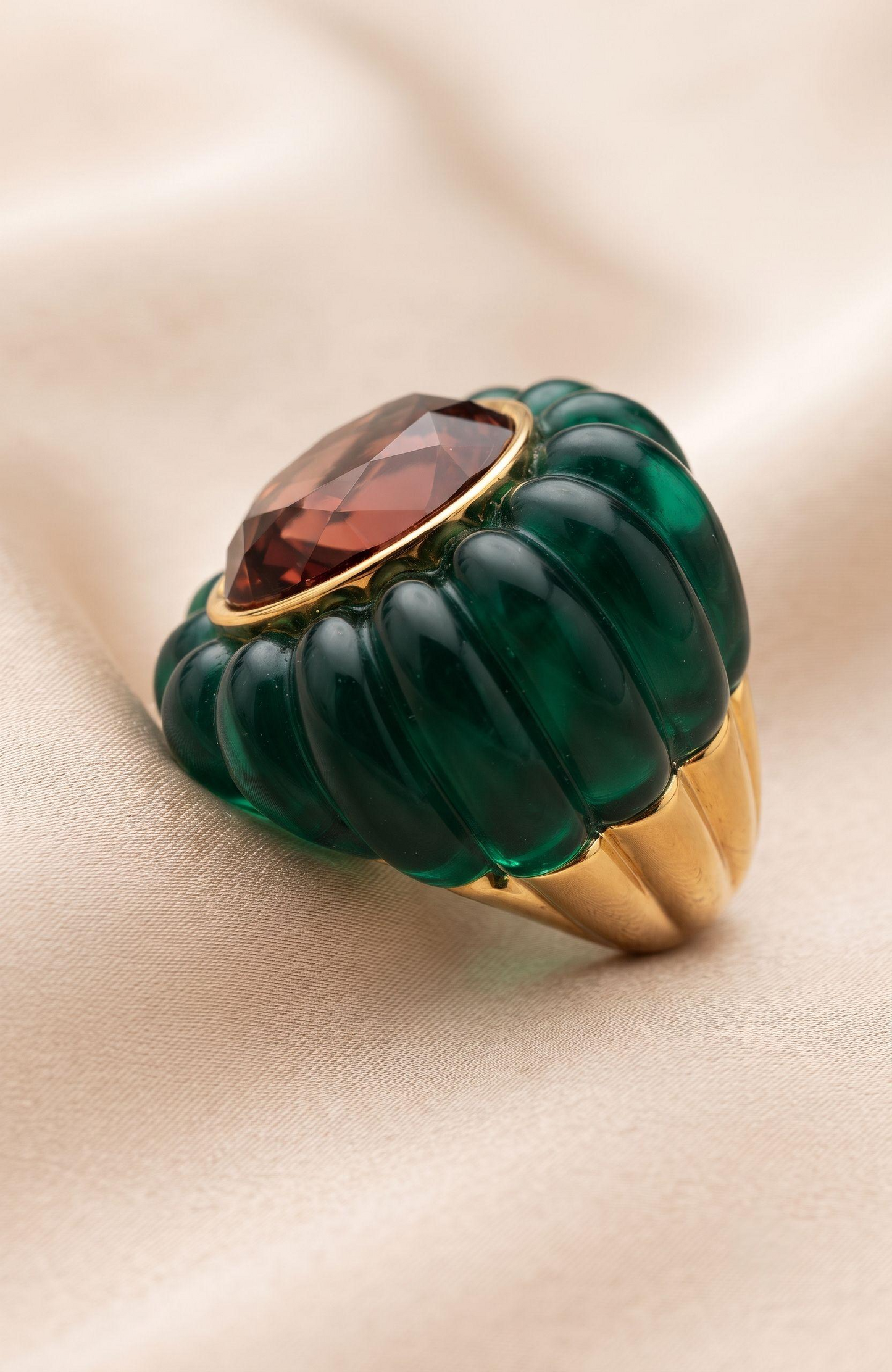 Gorgeous vintage signed Catwalk Jon jumbo cocktail ring with green resin and purple center stone