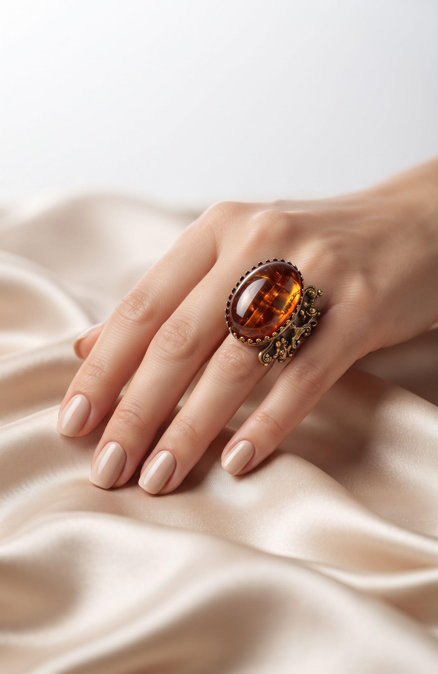 Beautiful peach colored lucite stone in filagree adjustable setting