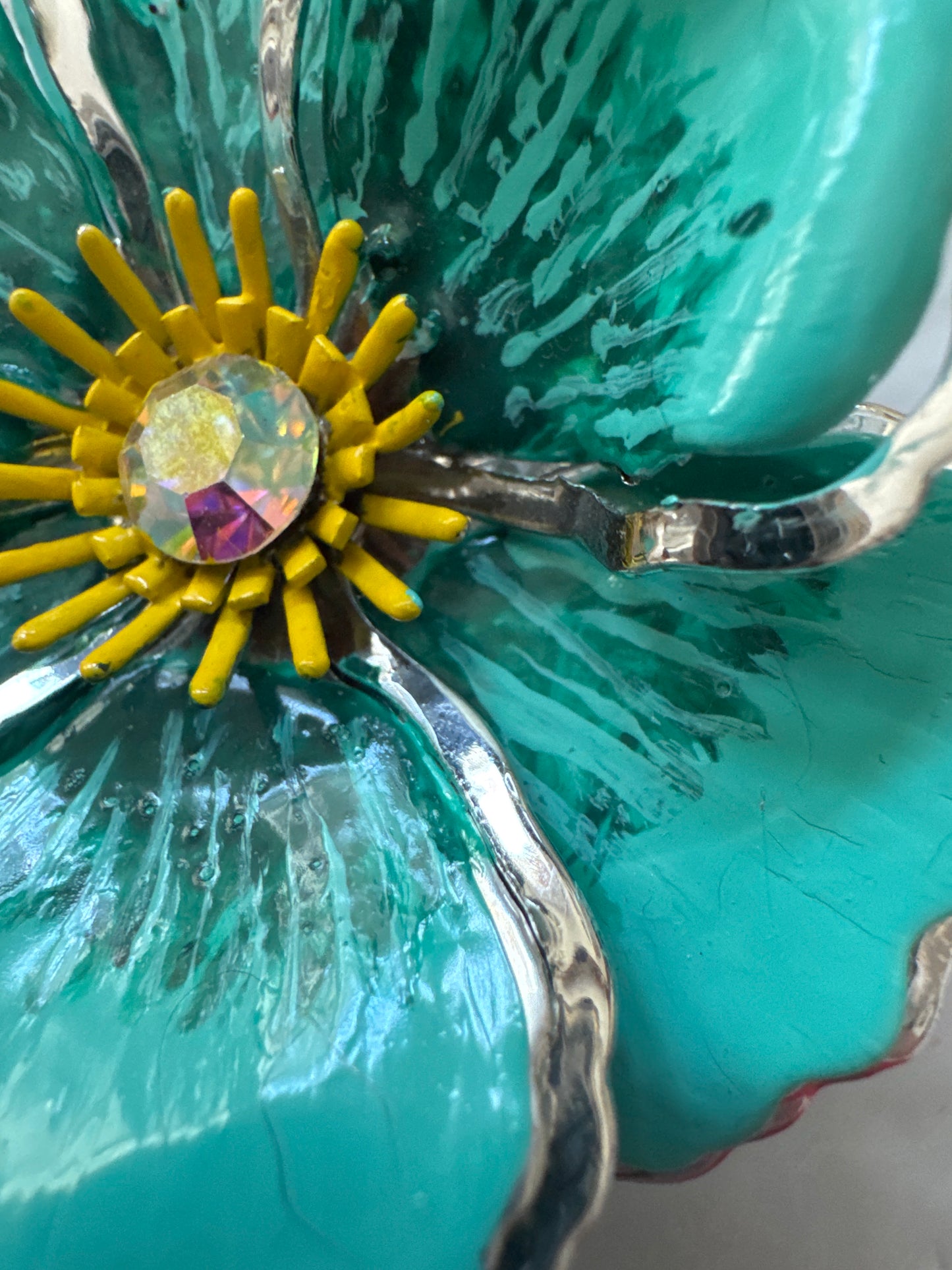 1970s turquoise flower brooch with center aurora borealis