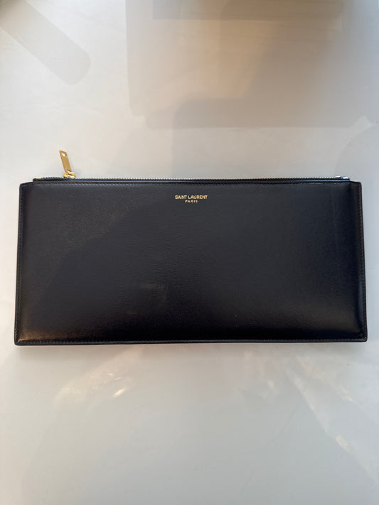 Saint Laurent, Paris, black leather envelope clutch with zip top, original box and dust bag