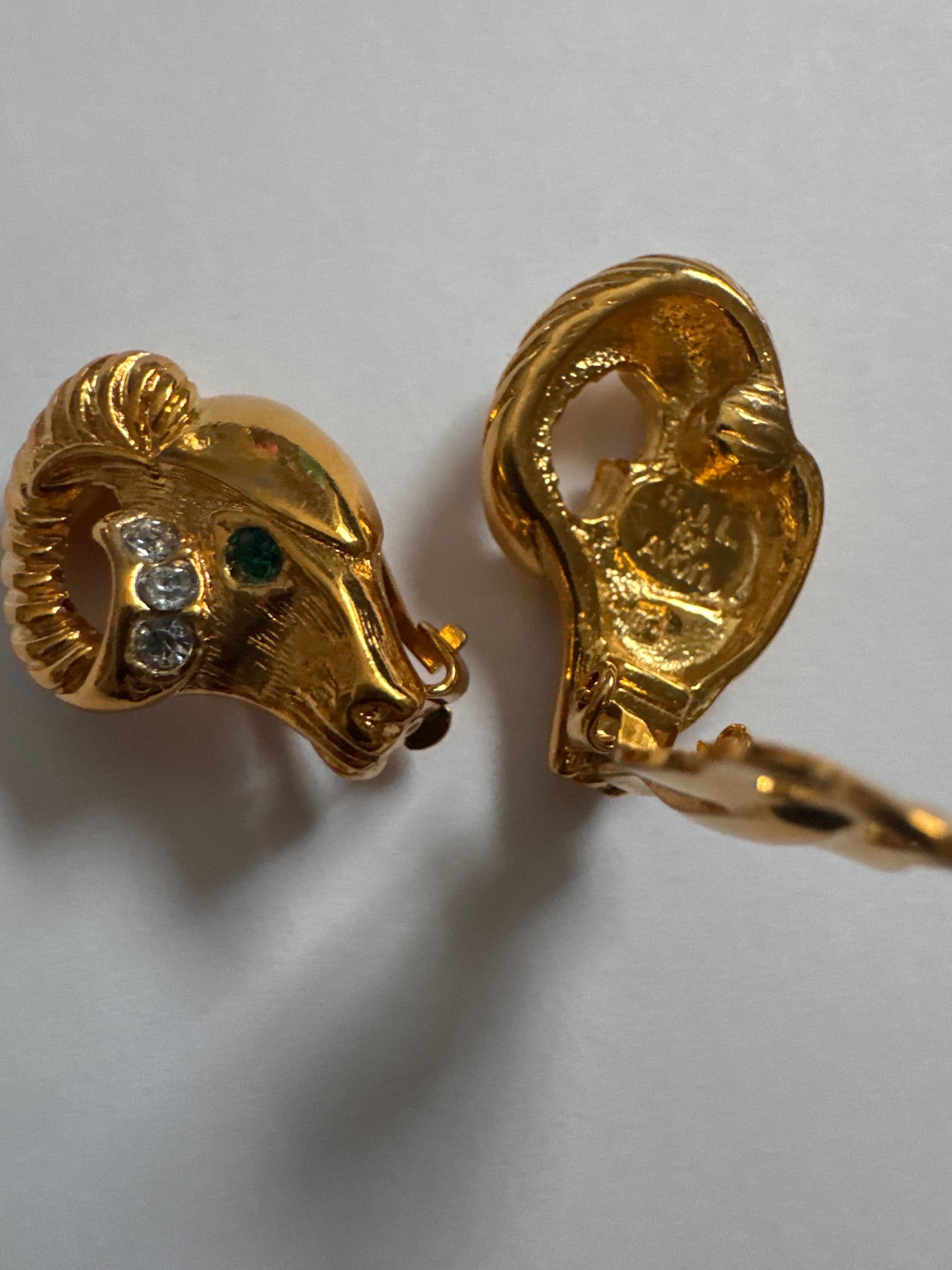 1970s signed KJL for Avon rams head earrings with rhinestones