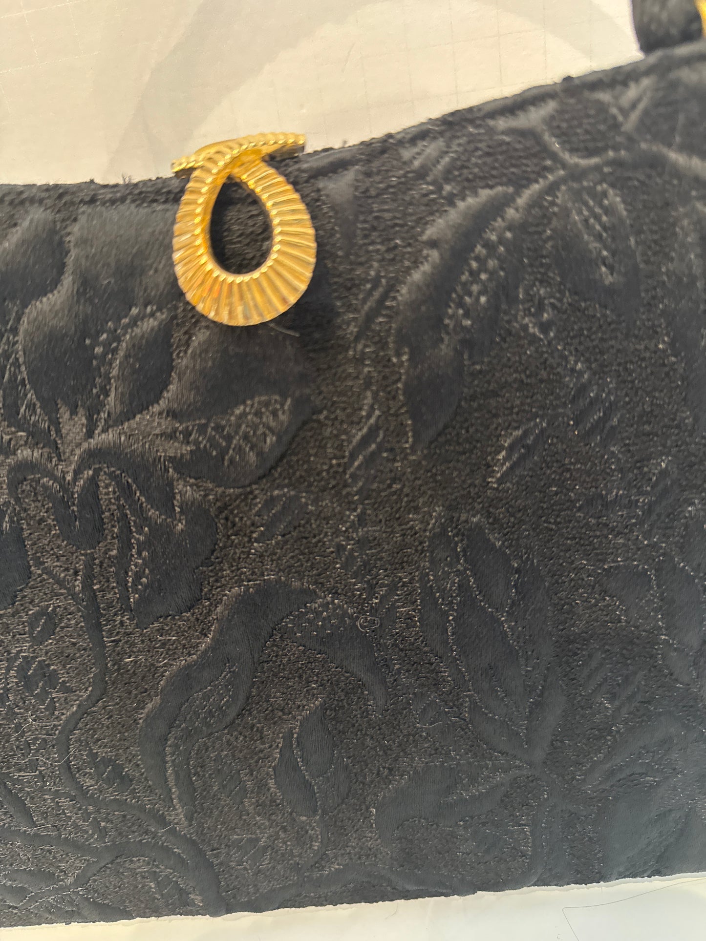1960s fabric brocade black top handle handbag with decorative gold closure by LEWIS