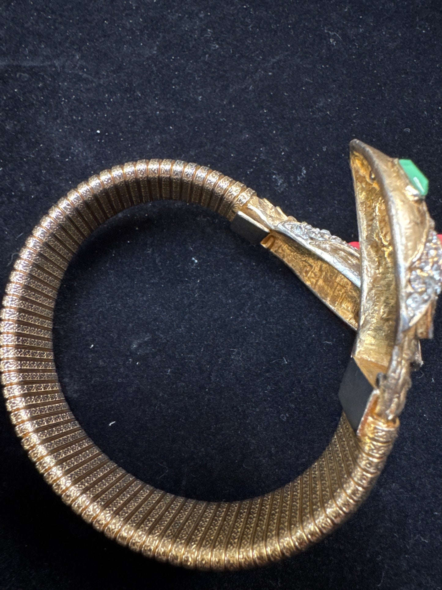 1970s STUNNING two-headed snake bracelet. Gold tone with CABACHON stones and rhinestones marked 1416. NYC