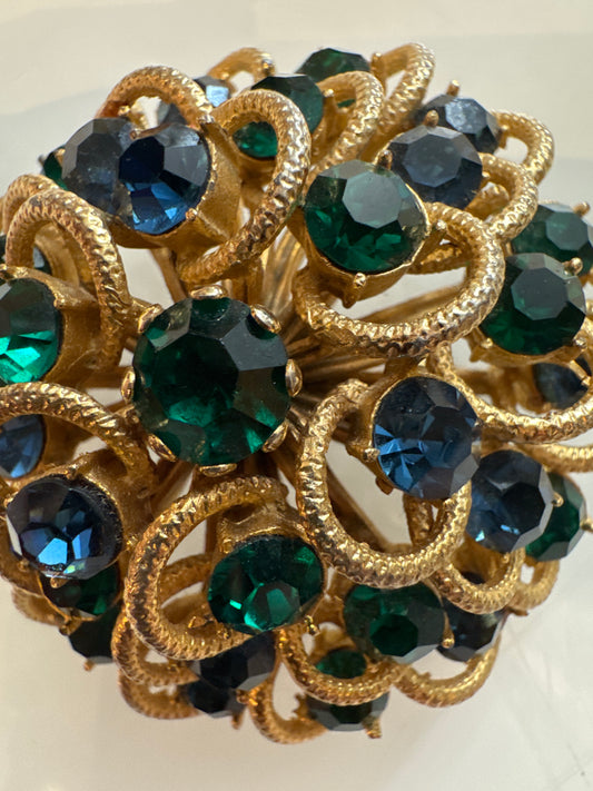 Beautiful 1950s unsigned dome brooch with blue and green rhinestones