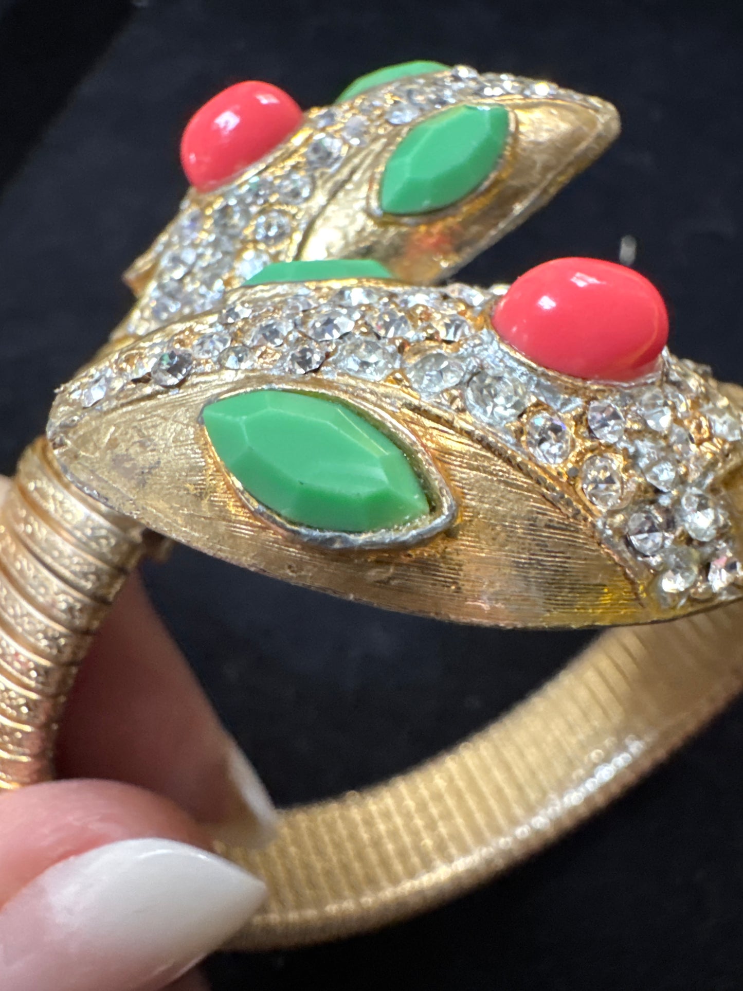 1970s STUNNING two-headed snake bracelet. Gold tone with CABACHON stones and rhinestones marked 1416. NYC