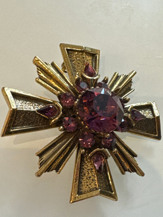 signed Zentall 1990s maltese cross brooch with amethyst colored stones