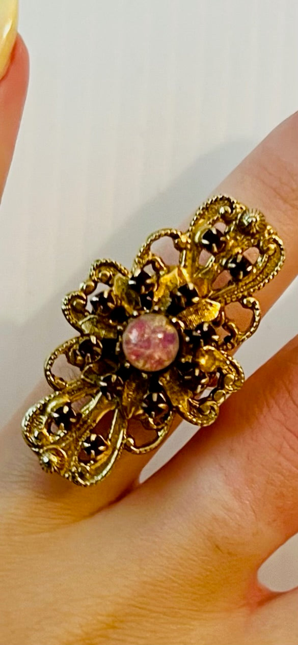 Vintage gold tone ring with purple stones and pink pearl