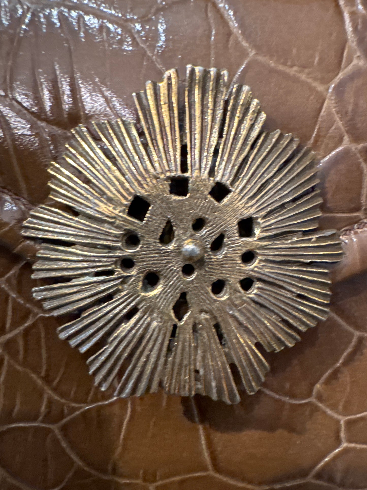 Mid-century taupe top handle embossed handbag with decorative clasp