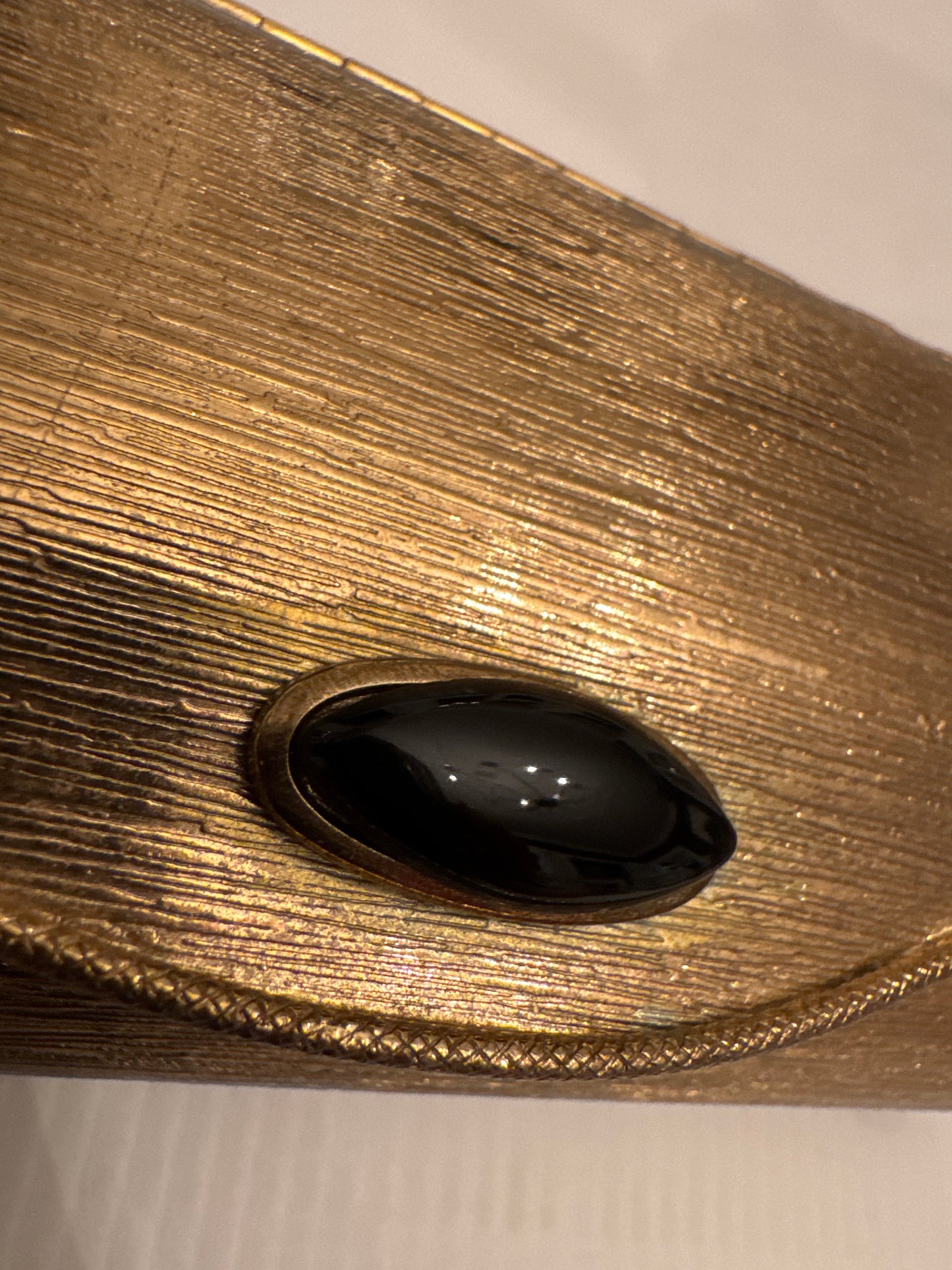 1960s amazing hard top gold tone clutch with fantastic, long mirror and cabachon closure