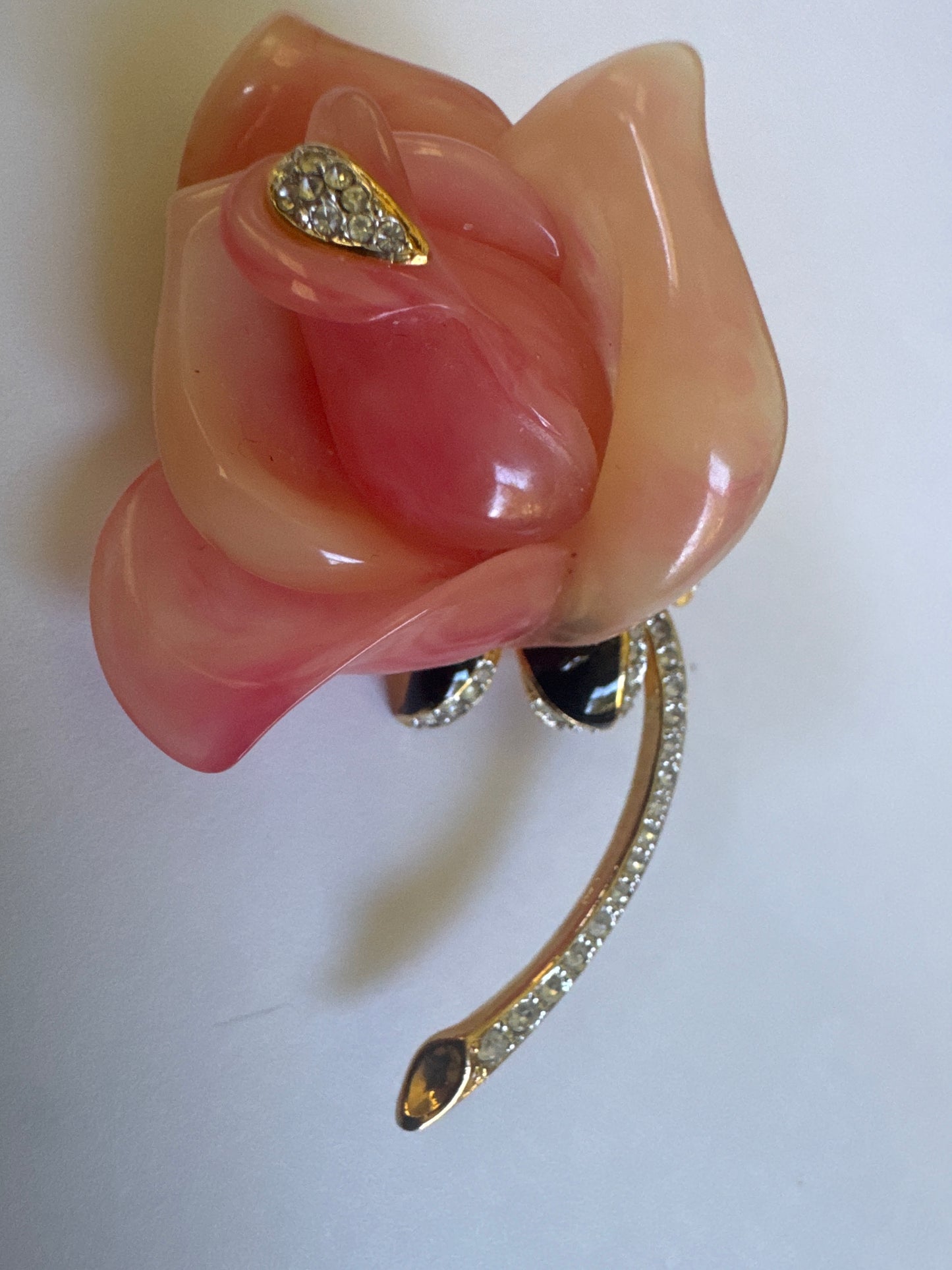 1980s signed KJL pink rose lucite  flower brooch with clear colored rhinestones