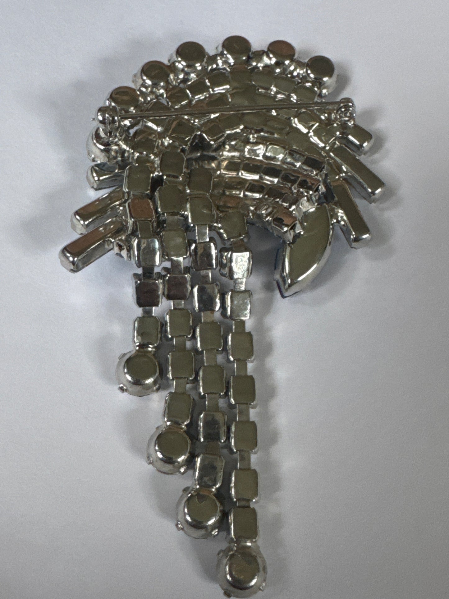 1940s vintage blue rhinestone waterfall fringe, baguette spray brooch