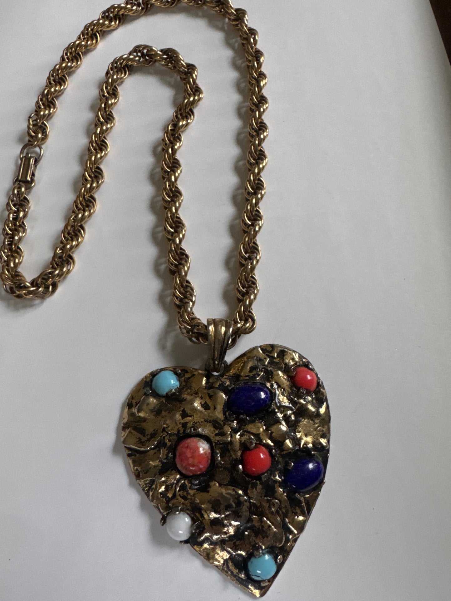 1970s signed PAULINE RADER heart pendant necklace with colored cabochon stones