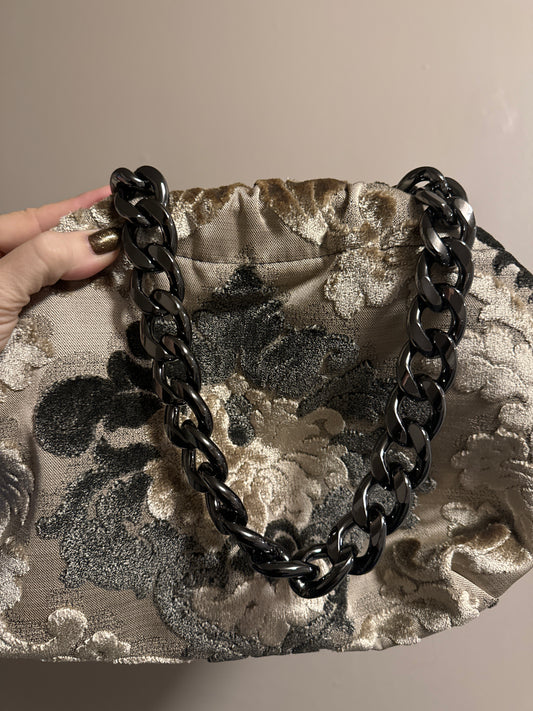 Exclusive one-of-kind Vavra New York velvet brocade bag in beige/grey/black tones.Converts from clutch to shoulder strap with chunky chain shown. Black lining with interior pocket