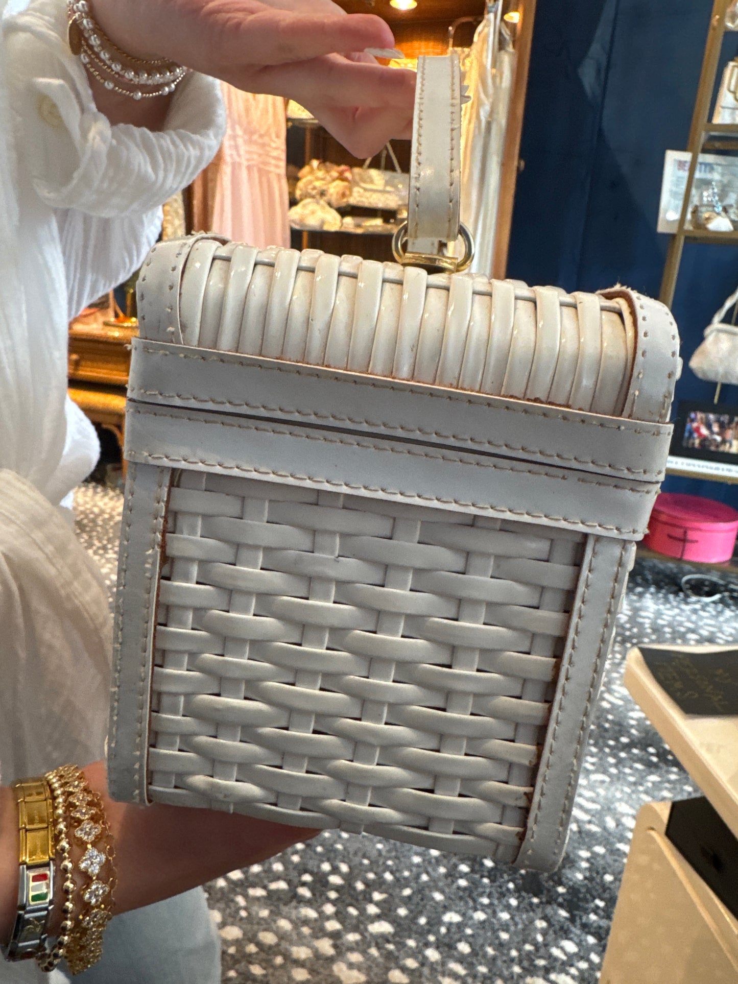 1950s white wicker box bag by LEWIS