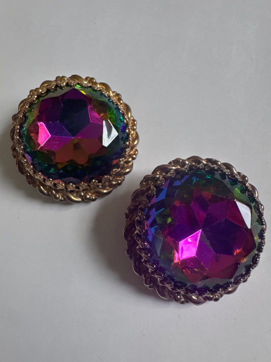Stunning 1940s signed SCHIAPARELLI jumbo watermelon Stone earrings with outer goldtone wreath