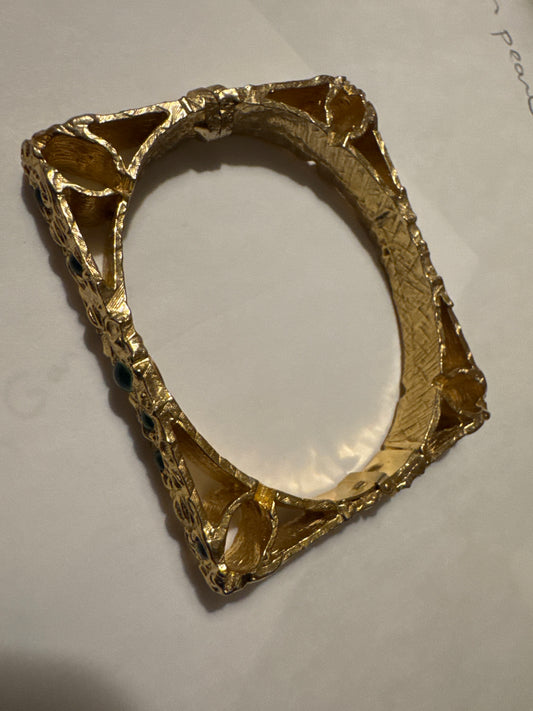 RARE signed Hattie Carnegie 1958 poured glass emerald green cabochon bracelet with square outside and circular inside. brutalist and baroque inspired