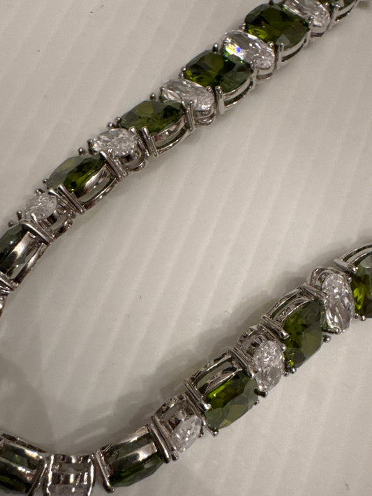 vintage 1970s Park Lane rhodium bracelet with rhinestones green and clear