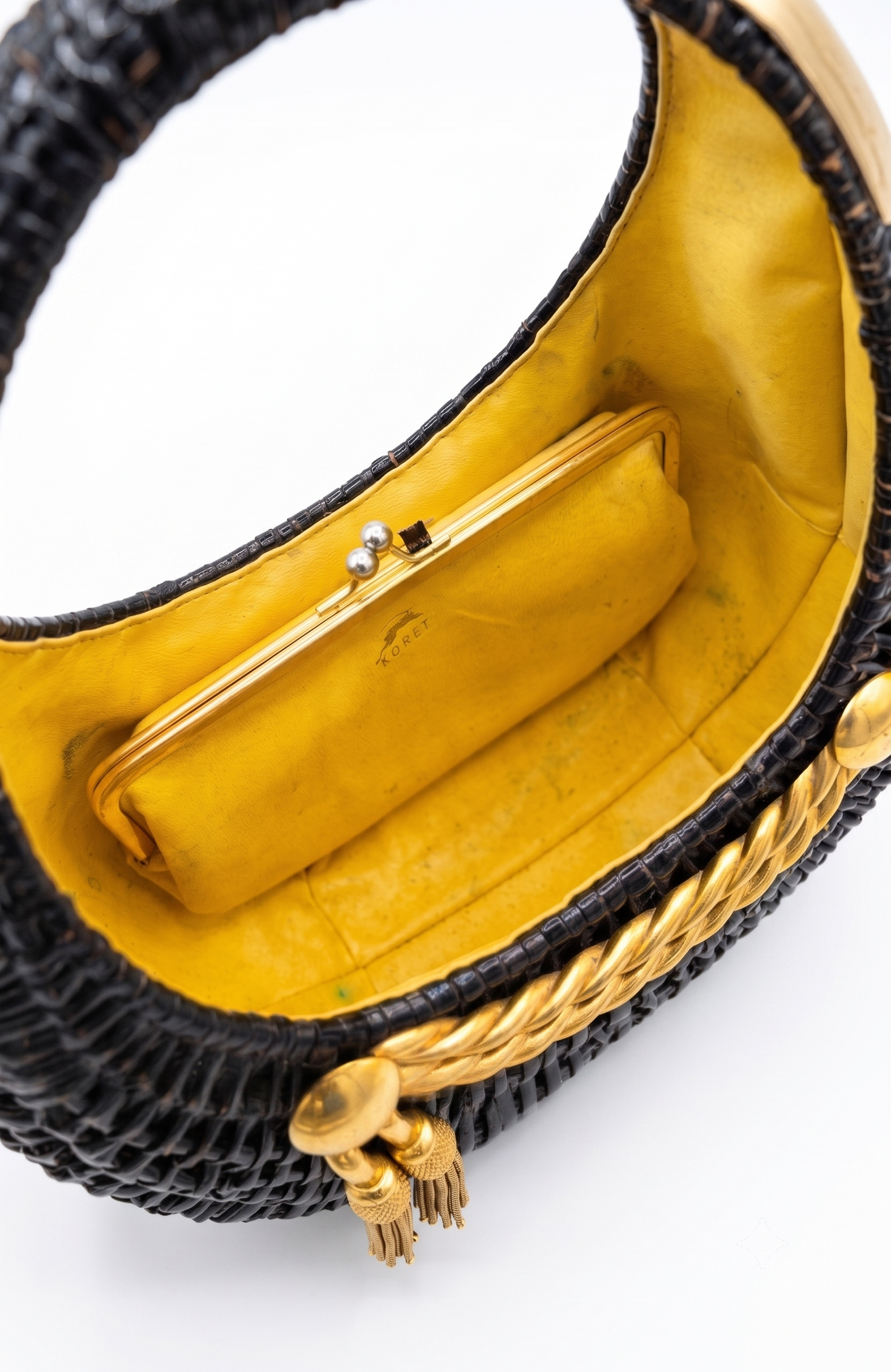 Magnificent Koret black bag wicker  from the 1950s with decorative gold hardware.