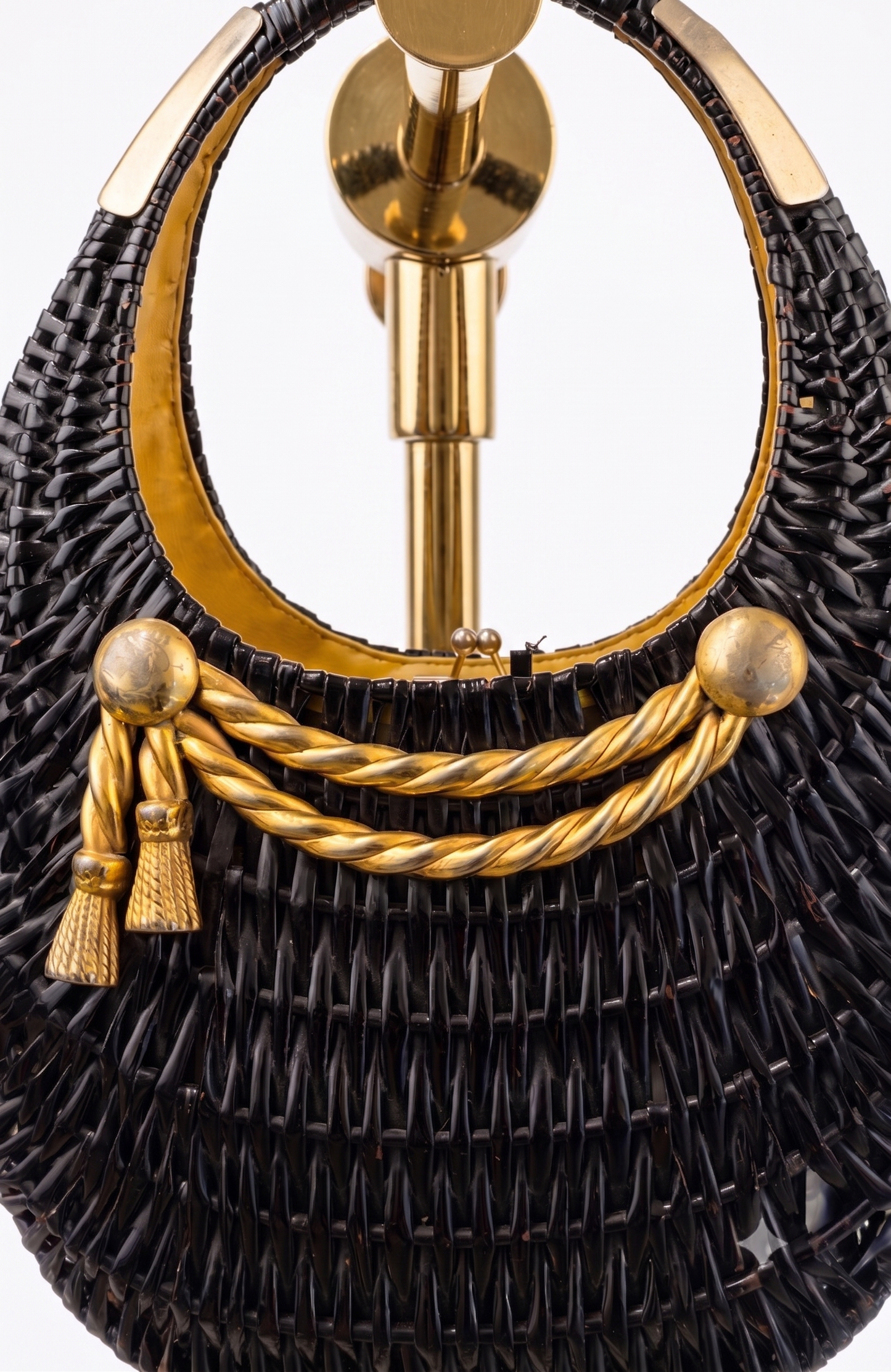 Magnificent Koret black bag wicker  from the 1950s with decorative gold hardware.