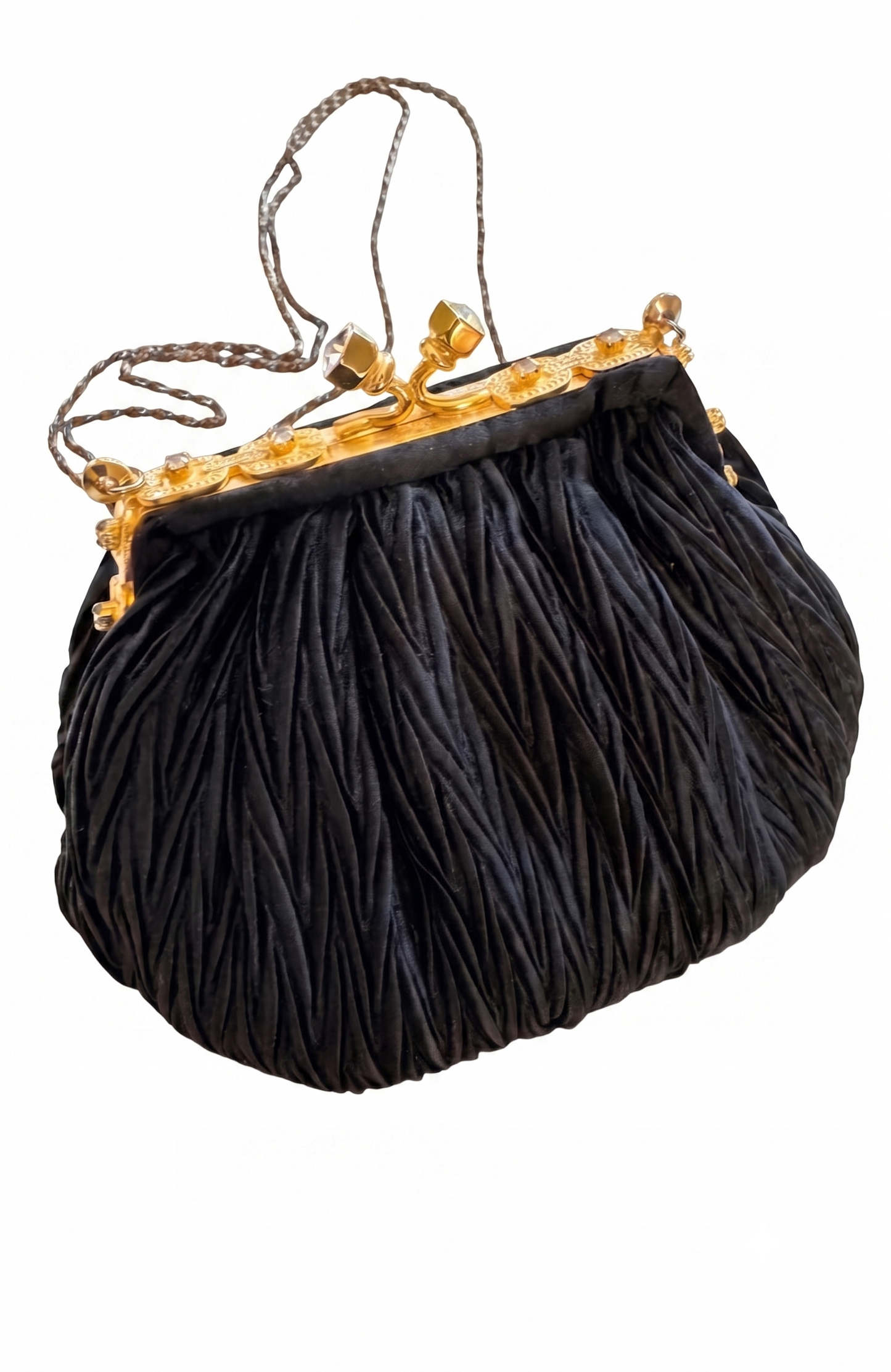 Elegant 1960s plisse black silk minaudiere evening bag with beautiful gold hardware and strap long enough for Crossbody