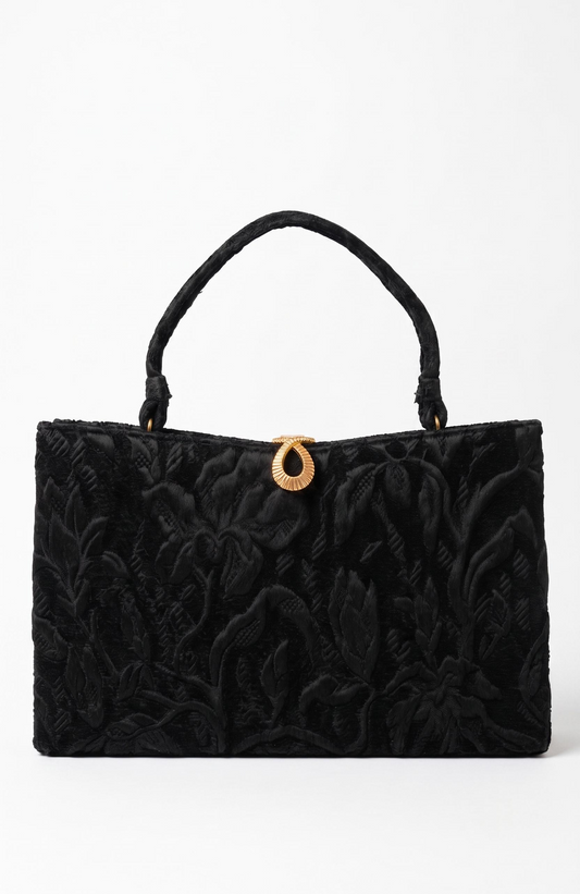 1960s fabric brocade black top handle handbag with decorative gold closure by LEWIS