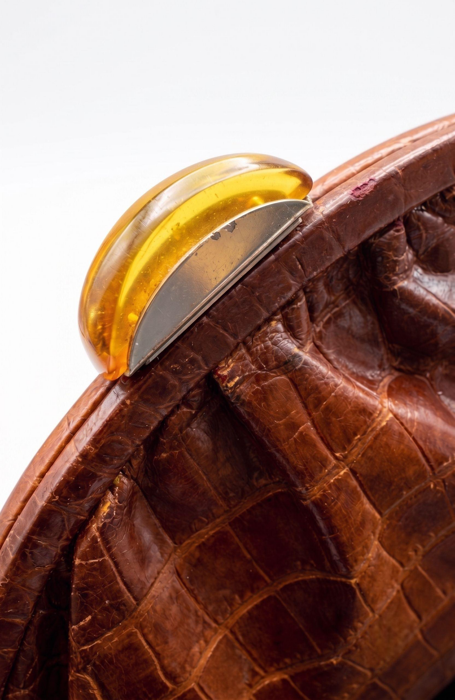 Stunning 1940s brown alligator extra long clutch with lucite clasp