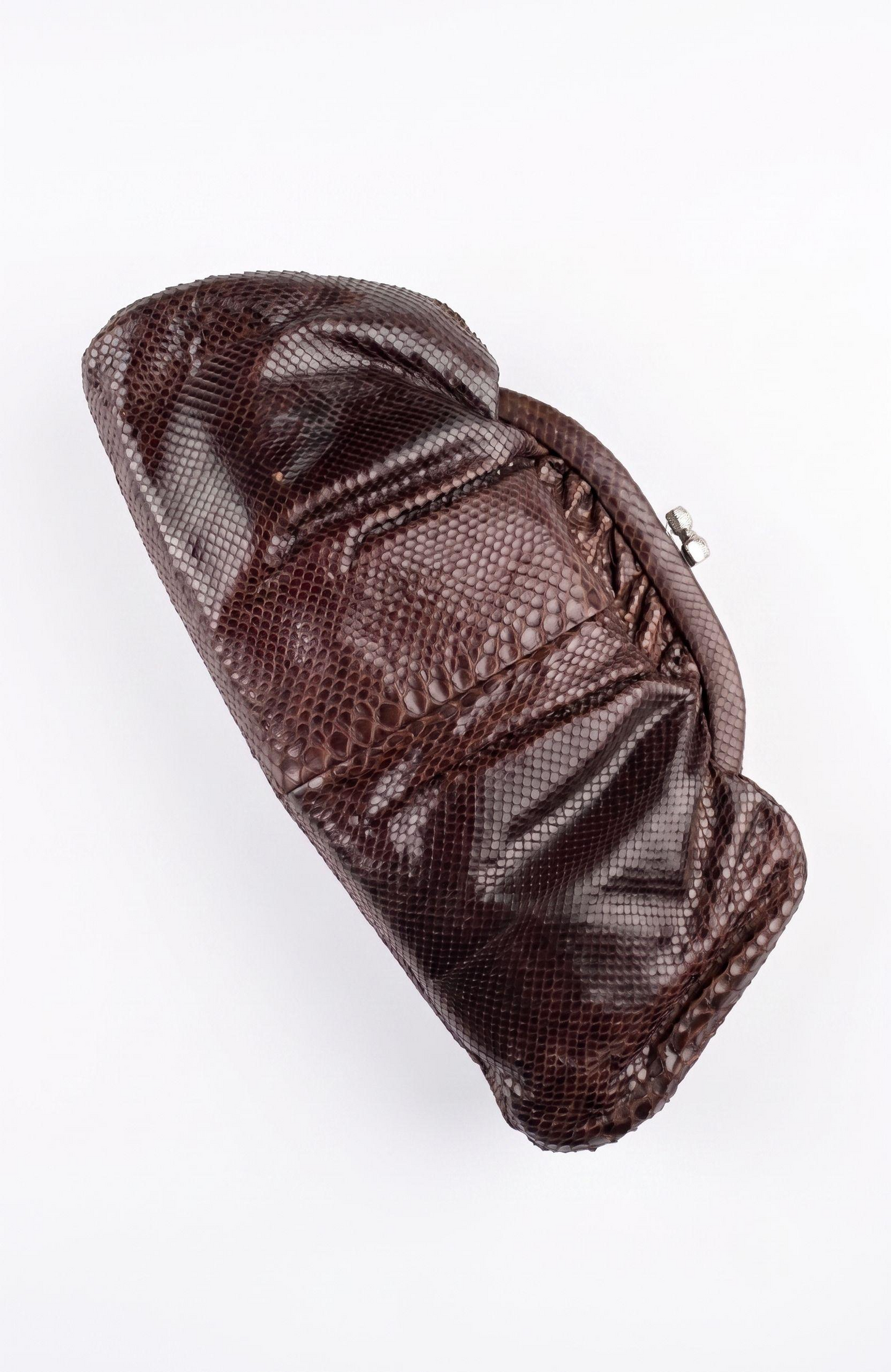Fabulous 1940s cobra snake skin mahogany brown clutch bag with lucite top