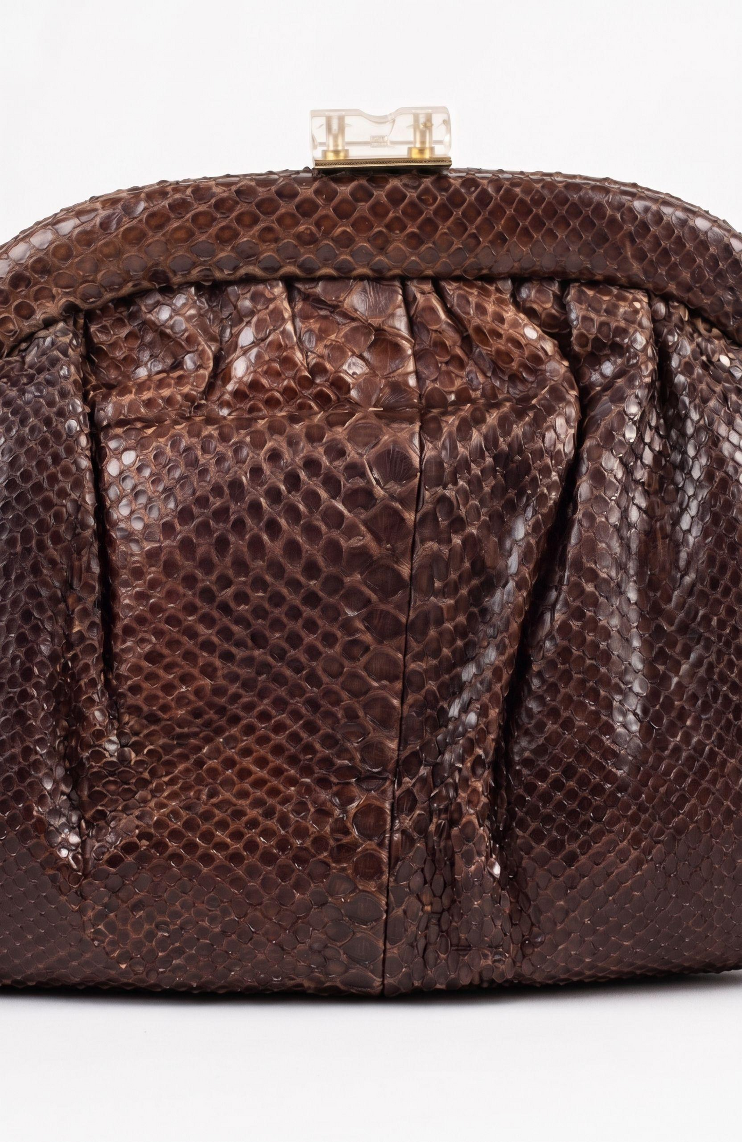 Fabulous 1940s cobra snake skin mahogany brown clutch bag with lucite top