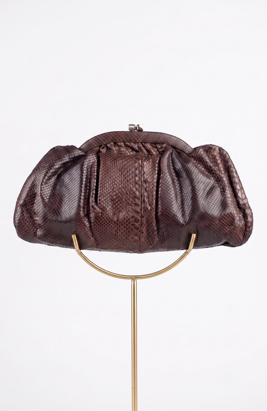 Fabulous 1940s cobra snake skin mahogany brown clutch bag with lucite top