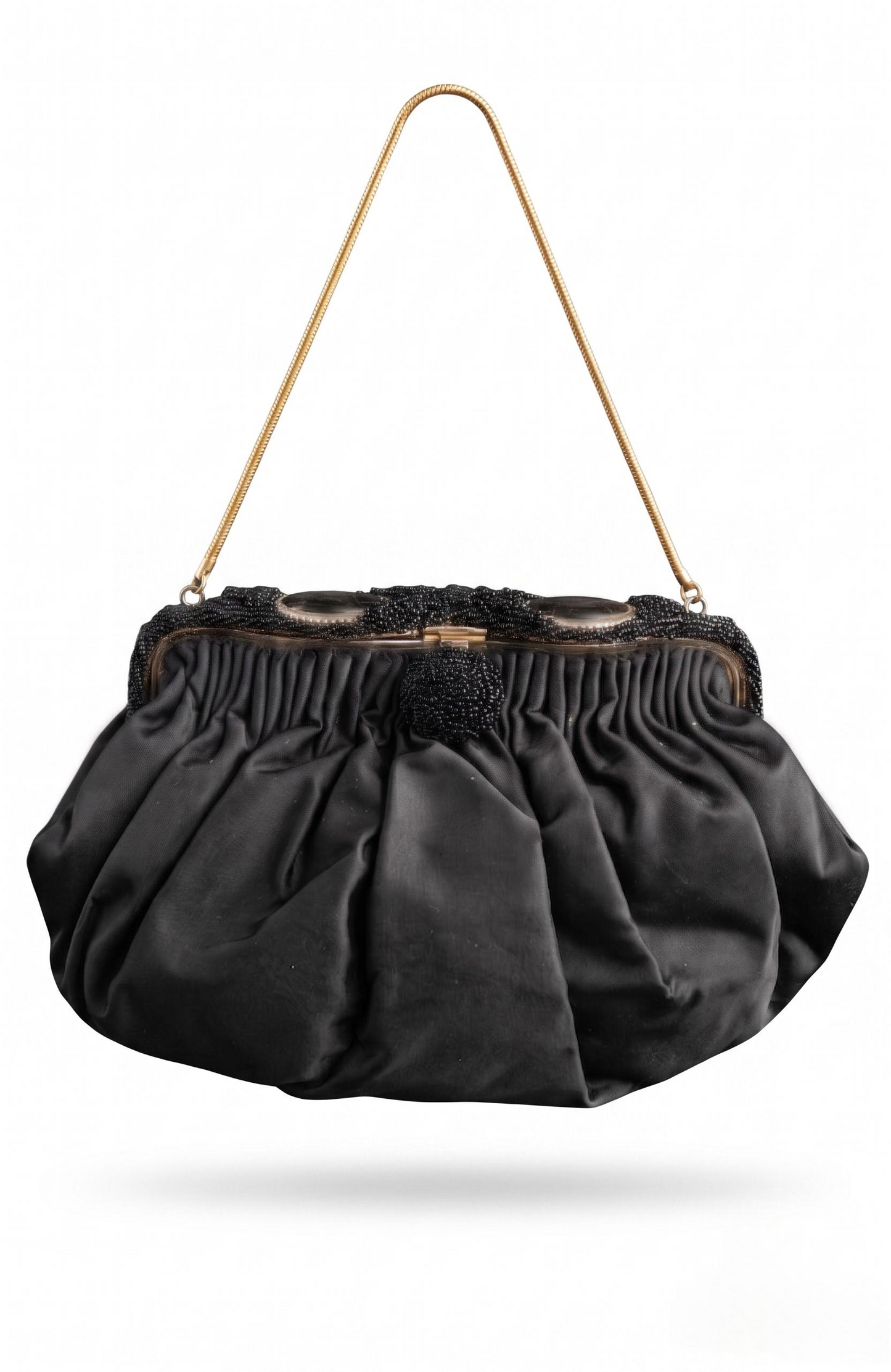 Beautiful 1930s satin black opera evening bag, with delicate chain and beautiful black beading and flower cameo detail at closure