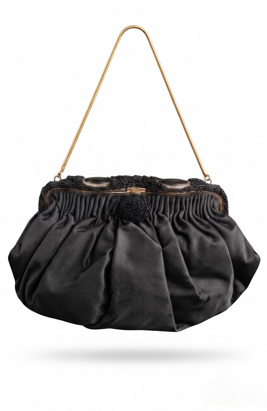 Beautiful 1930s satin black opera evening bag, with delicate chain and beautiful black beading and flower cameo detail at closure