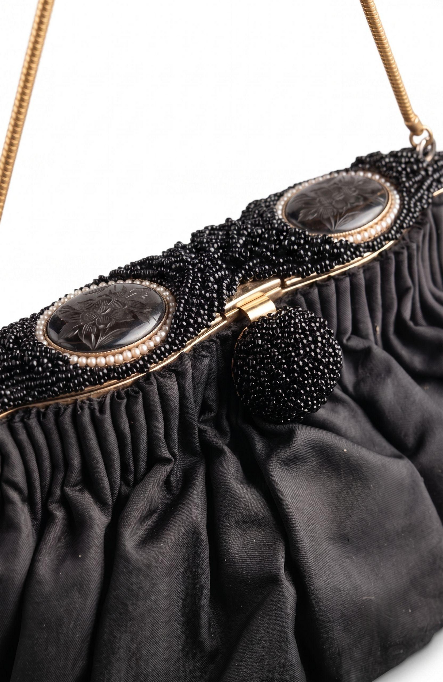 Beautiful 1930s satin black opera evening bag, with delicate chain and beautiful black beading and flower cameo detail at closure