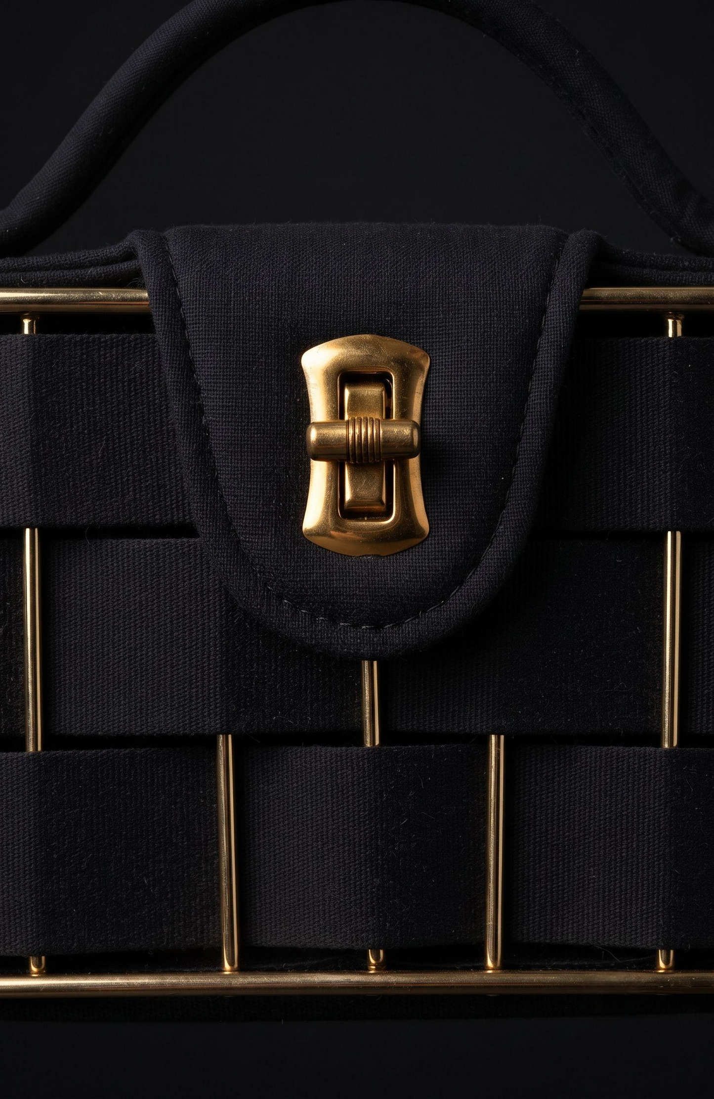 It is a 1940s black suede box Bag with woven suede and gold tone detailing
