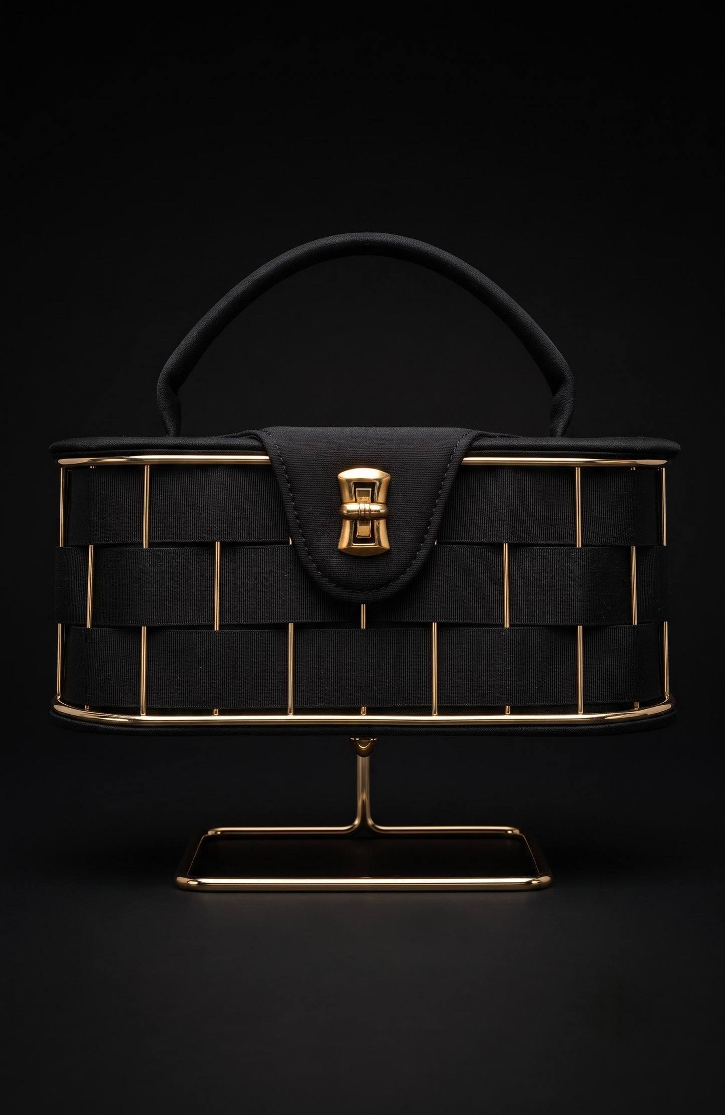 It is a 1940s black suede box Bag with woven suede and gold tone detailing