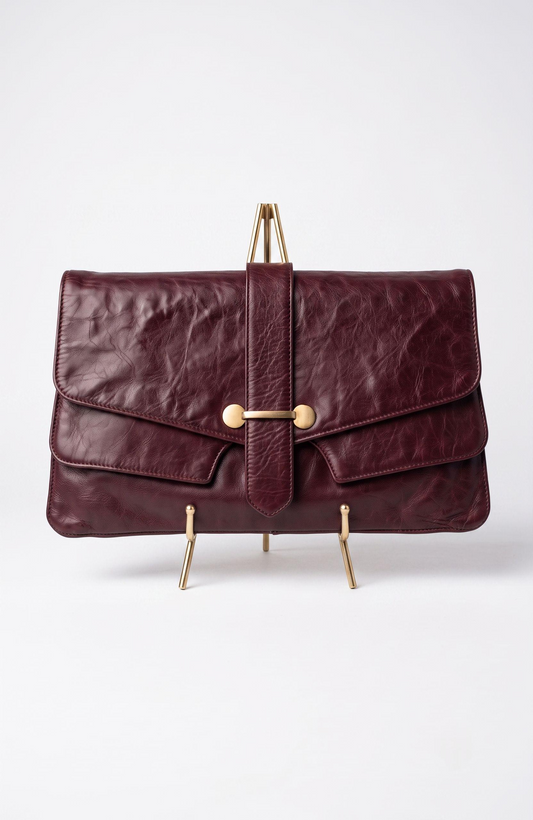 Vintage 1970s clutch in a beautiful bordeaux color with outside pocket