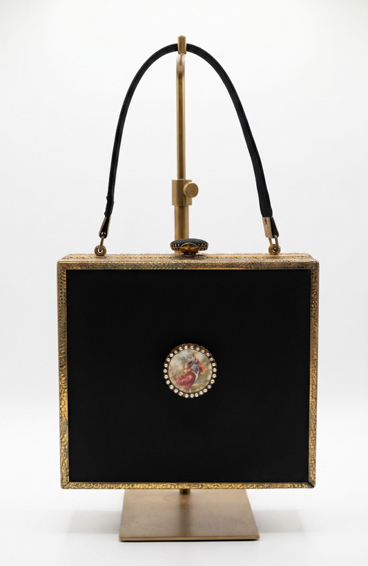 1940s black box bag with filigree design and "courting couple" cameo detail