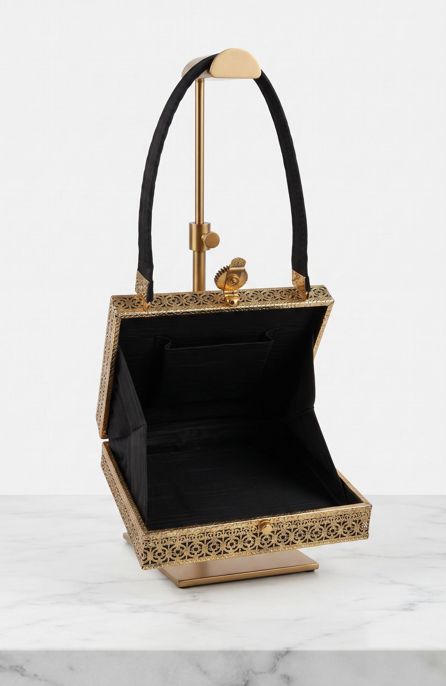 1940s black box bag with filigree design and "courting couple" cameo detail