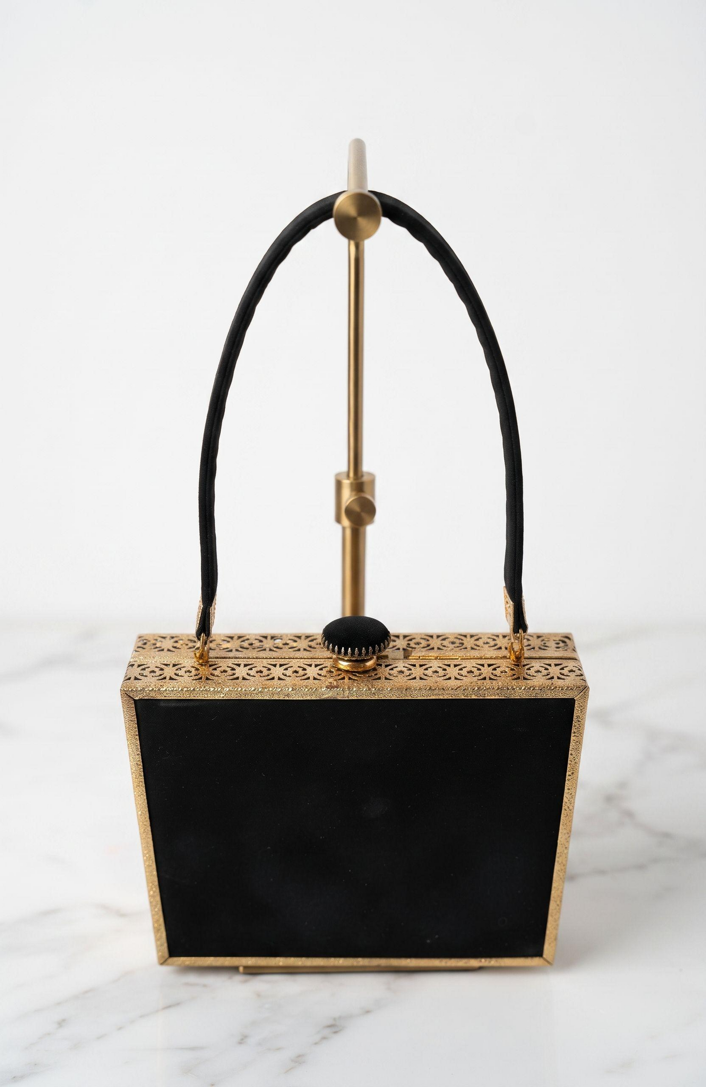 1940s black box bag with filigree design and "courting couple" cameo detail