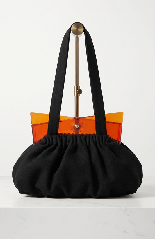 1940s black wool top handle handbag with lucite closure