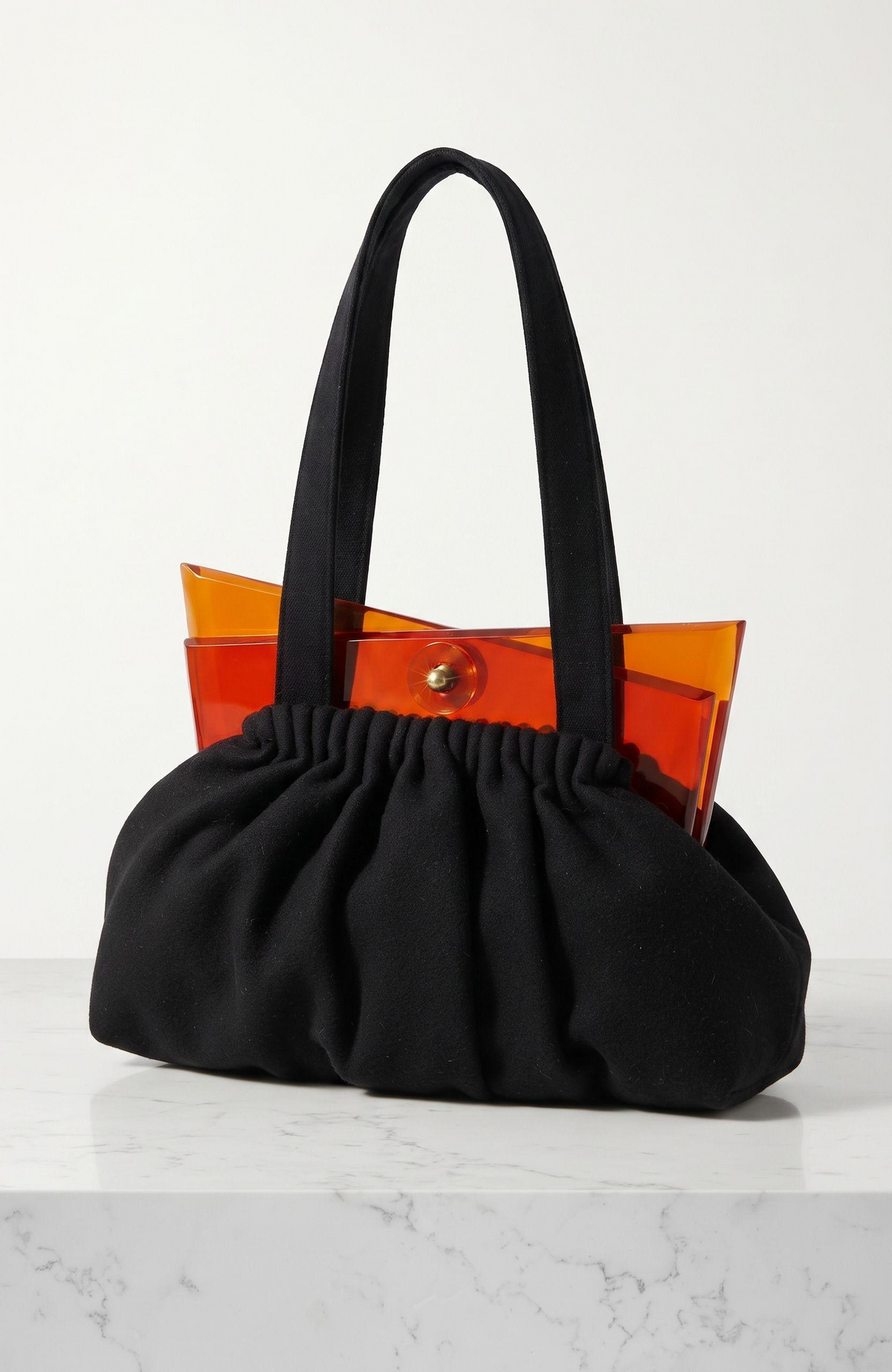 1940s black wool top handle handbag with lucite closure