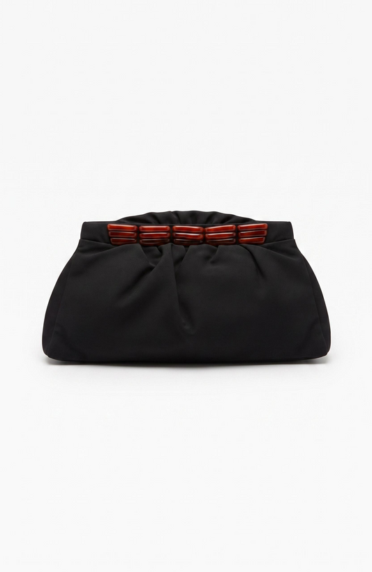 1940s black long clutch with a beautiful bakelite detail
