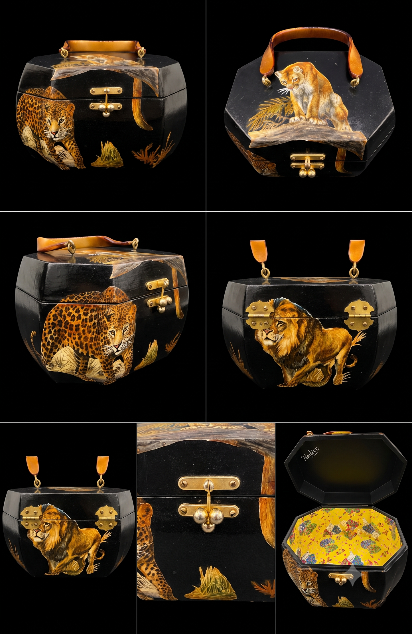 Vintage black lacquer wooden handbag with leopard decoupage and brass clasps. from 60-70s inside bright quirky fabric appropriate for decade.