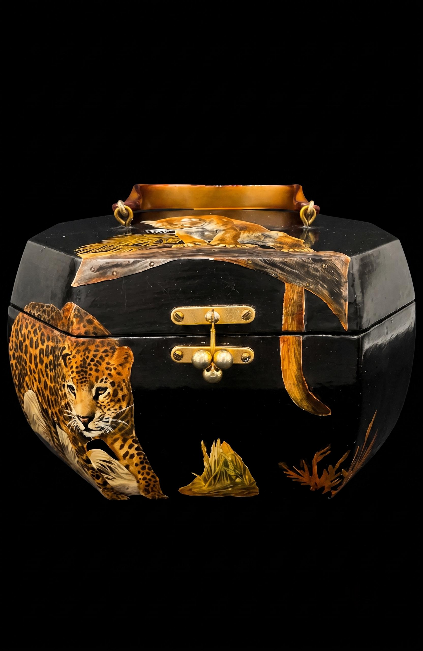 Vintage black lacquer wooden handbag with leopard decoupage and brass clasps. from 60-70s inside bright quirky fabric appropriate for decade.