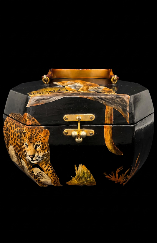 Vintage black lacquer wooden handbag with leopard decoupage and brass clasps. from 60-70s inside bright quirky fabric appropriate for decade.