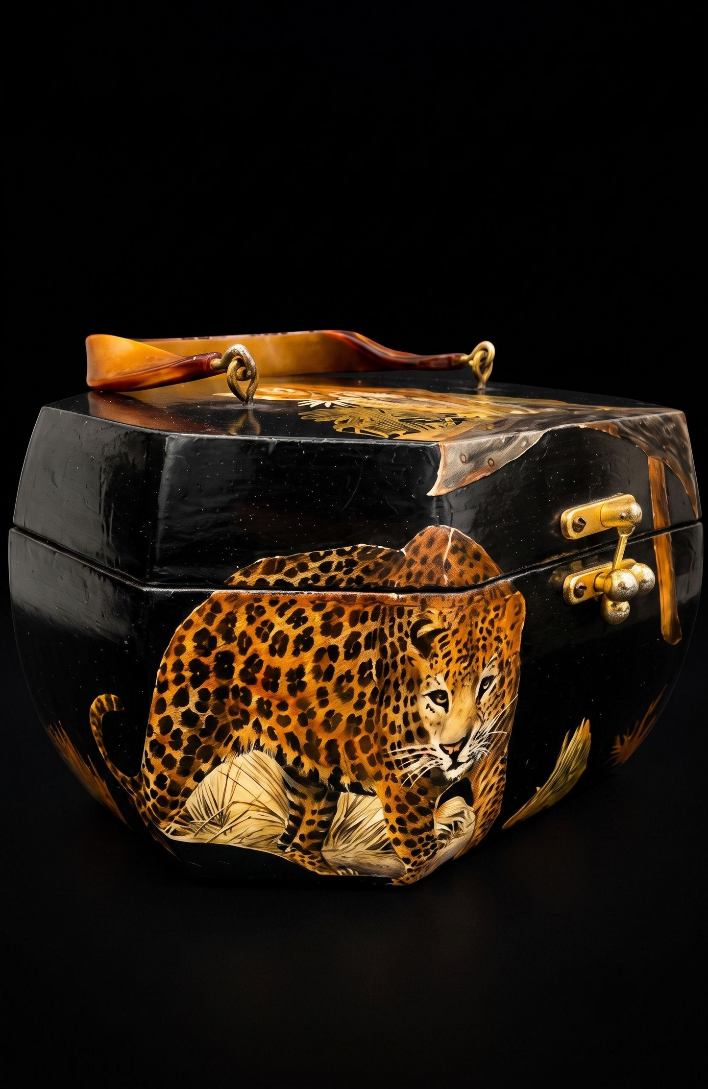 Vintage black lacquer wooden handbag with leopard decoupage and brass clasps. from 60-70s inside bright quirky fabric appropriate for decade.