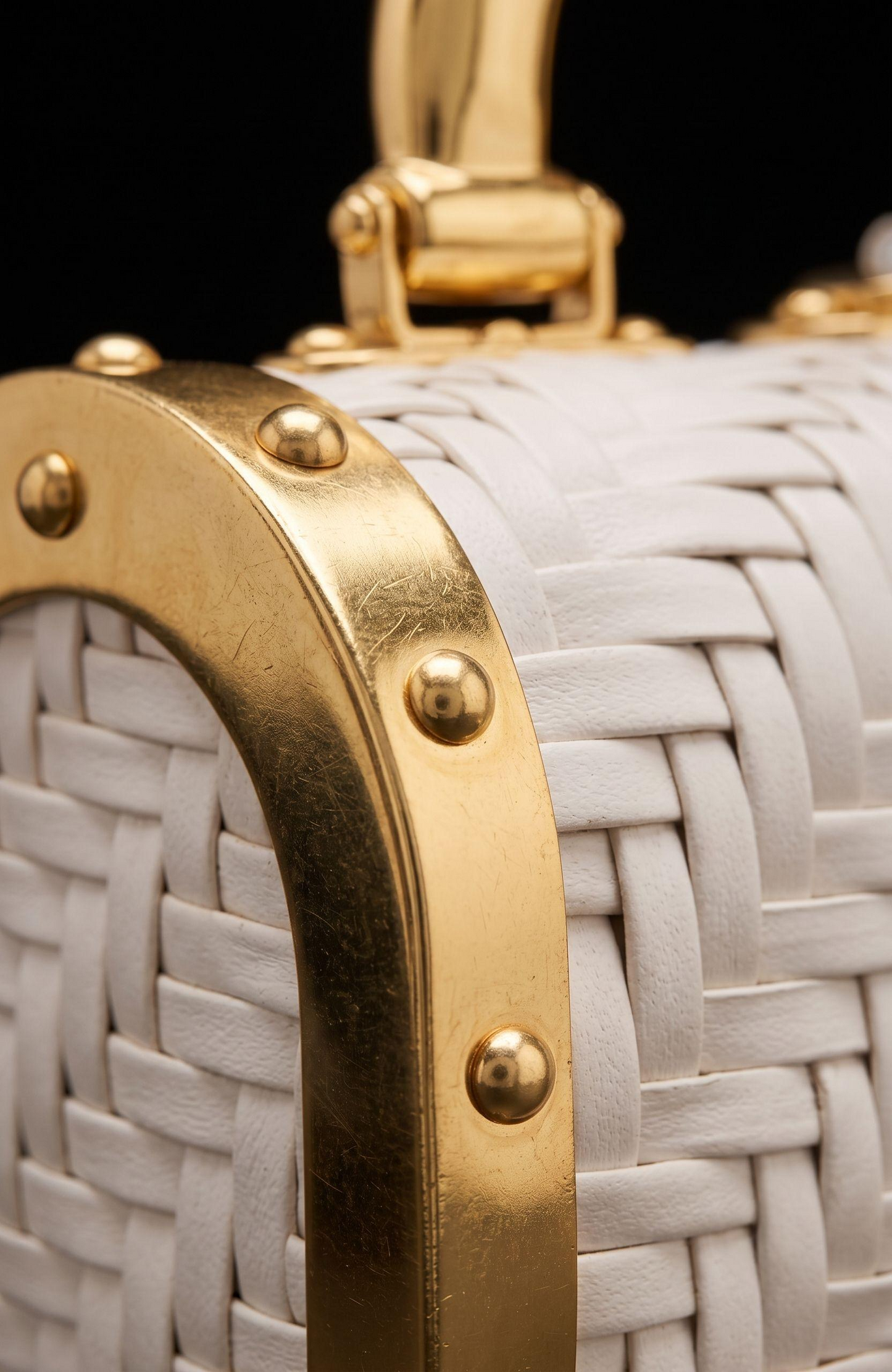 Beautiful 1950s white wicker top handle bag with gold trim